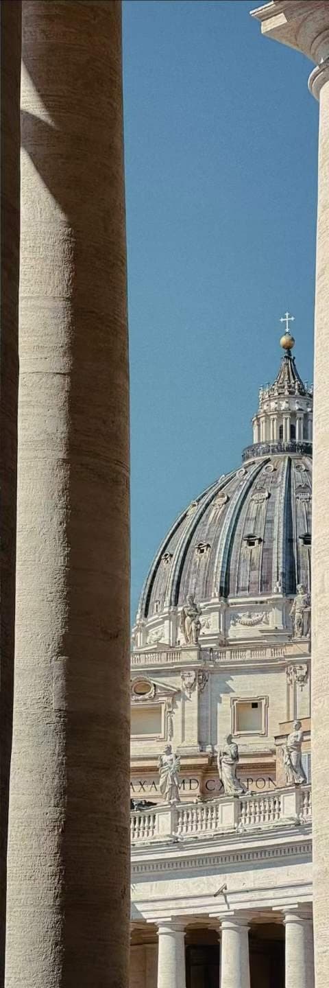A basilica dome framed between a stone column and a colonnade in flat winter light.
