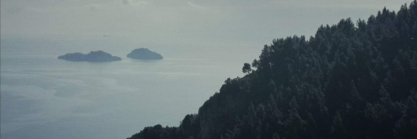A wooded headland dropping into a hazy sea, two small islands offshore.